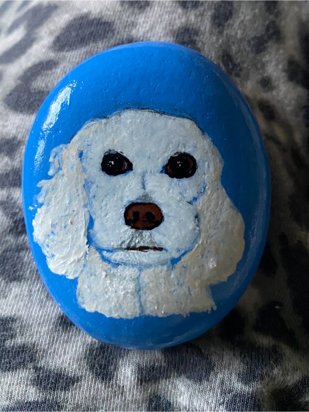 Hand-Painted Blue Dog Portrait Rock - White Poodle Design
